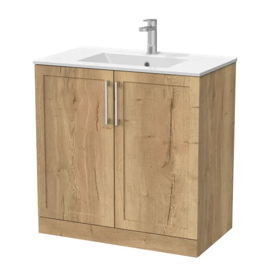 nuie lux Larck 800mm Autumn Oak 2 Door Floor Standing Vanity Unit With 1 Tap Hole Basin With Worktop