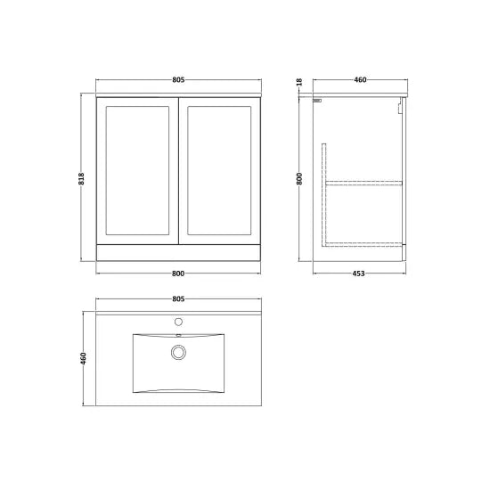 nuie lux Larck 800mm Autumn Oak 2 Door Floor Standing Vanity Unit With 1 Tap Hole Basin With Worktop