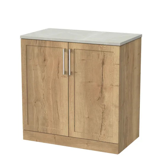 nuie lux Larck 800mm Autumn Oak 2 Door Floor Standing Vanity Unit With Cracked Marble Plaster Laminate Worktop