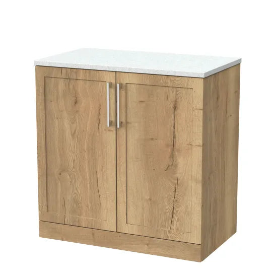 nuie lux Larck 800mm Autumn Oak 2 Door Floor Standing Vanity Unit With White Matt Nebula Worktop