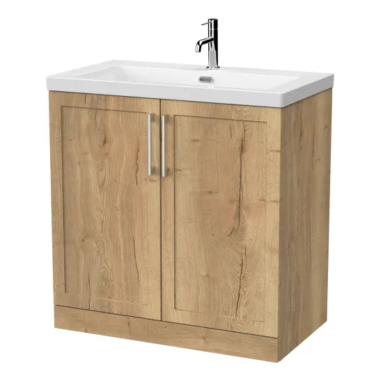 nuie lux Larck 800mm Autumn Oak 2 Door Floor Standing Vanity Unit With 1 Tap Hole Fireclay Basin