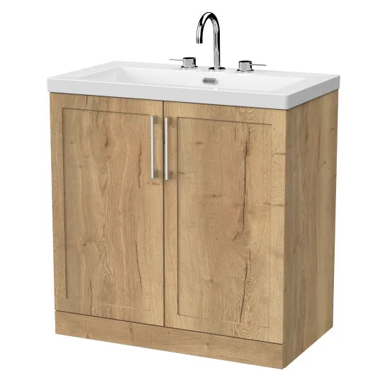 nuie lux Larck 800mm Autumn Oak 2 Door Floor Standing Vanity Unit With 3 Tap Holes Fireclay Basin