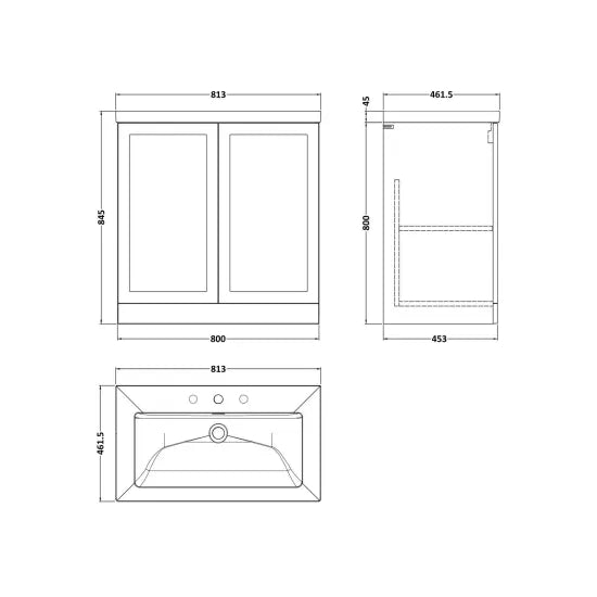 nuie lux Larck 800mm Autumn Oak 2 Door Floor Standing Vanity Unit With 3 Tap Holes Fireclay Basin
