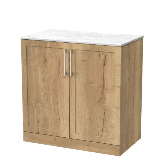 nuie lux Larck 800mm Autumn Oak 2 Door Floor Standing Vanity Unit With White Marble Worktop