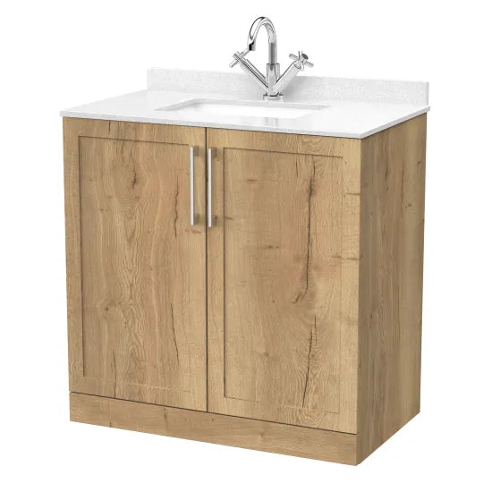 nuie lux Larck 800mm Autumn Oak 2 Door Floor Standing Vanity Unit With 1 Tap Hole Marble Worktop