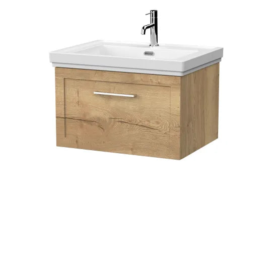 nuie lux Larck 600mm Autumn Oak 1 Drawer Wall Hung Vanity Unit With 1 Tap Hole Fireclay Basin