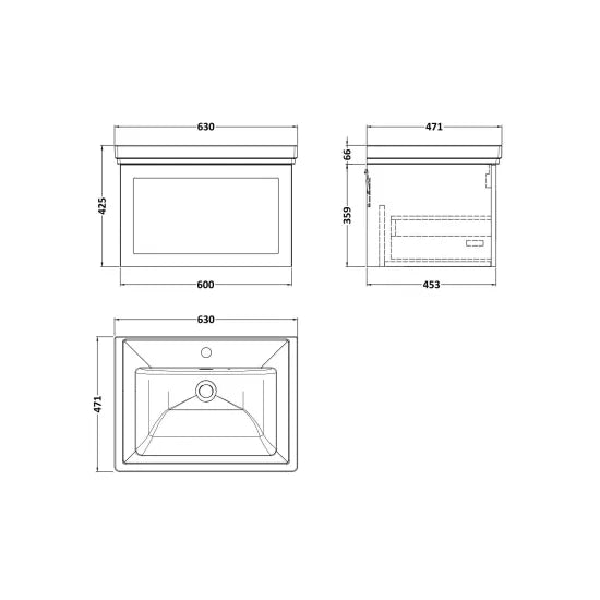 nuie lux Larck 600mm Autumn Oak 1 Drawer Wall Hung Vanity Unit With 1 Tap Hole Fireclay Basin