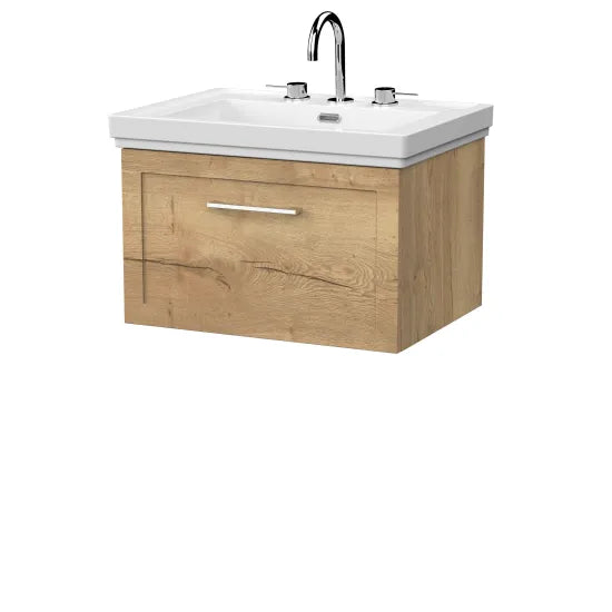 nuie lux Larck 600mm Autumn Oak 1 Drawer Wall Hung Vanity Unit With 3 Tap Holes Fireclay Basin