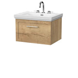 nuie lux Larck 600mm Autumn Oak 1 Drawer Wall Hung Vanity Unit With 3 Tap Holes Fireclay Basin