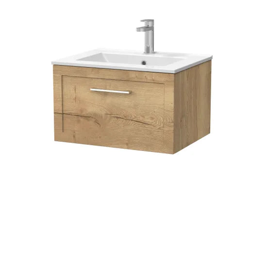 nuie lux Larck 600mm Autumn Oak 1 Drawer Wall Hung Vanity Unit With 1 Tap Hole Square Basin With Worktop