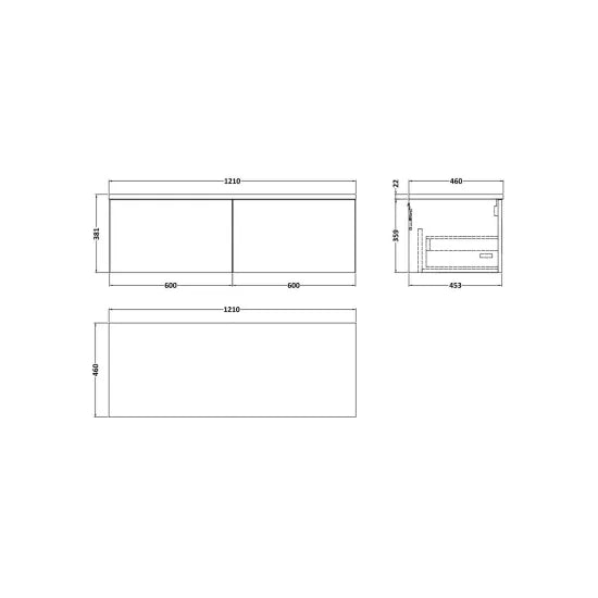nuie lux Larck 1200mm Autumn Oak 2 Drawer Wall Hung Vanity Unit With Bellato Grey Worktop