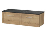 nuie lux Larck 1200mm Autumn Oak 2 Drawer Wall Hung Vanity Unit With Black Pietra Marble Laminate Worktop