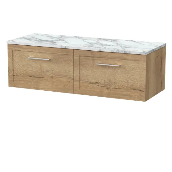 nuie lux Larck 1200mm Autumn Oak 2 Drawer Wall Hung Vanity With Carrara Laminate Worktop