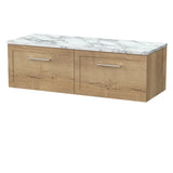 nuie lux Larck 1200mm Autumn Oak 2 Drawer Wall Hung Vanity With Carrara Laminate Worktop
