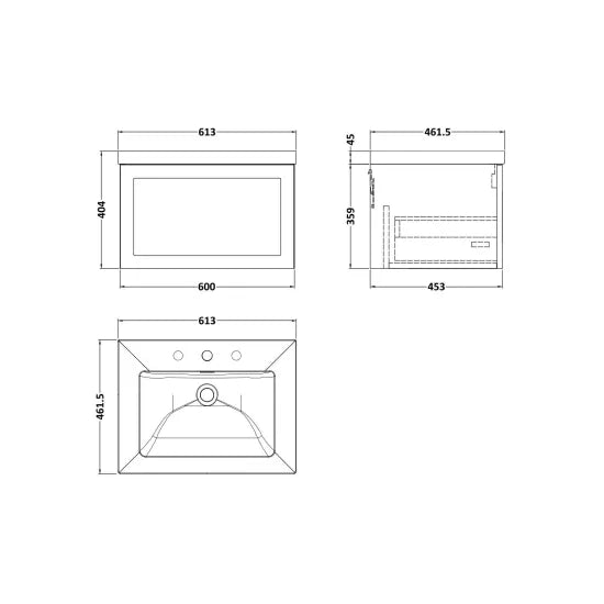 nuie lux Larck 600mm Autumn Oak 1 Drawer Wall Hung Vanity Unit With 3 Tap Holes Fireclay Square Basin