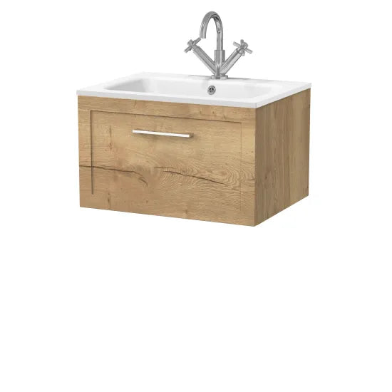 nuie lux Larck Autumn Oak Wall Hung 1-Drawer Unit & Stone Basin 1TH