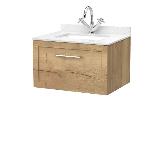 nuie lux Larck Autumn Oak 1 Drawer Wall Hung Vanity Unit With 1 Tap Hole Marble Worktop