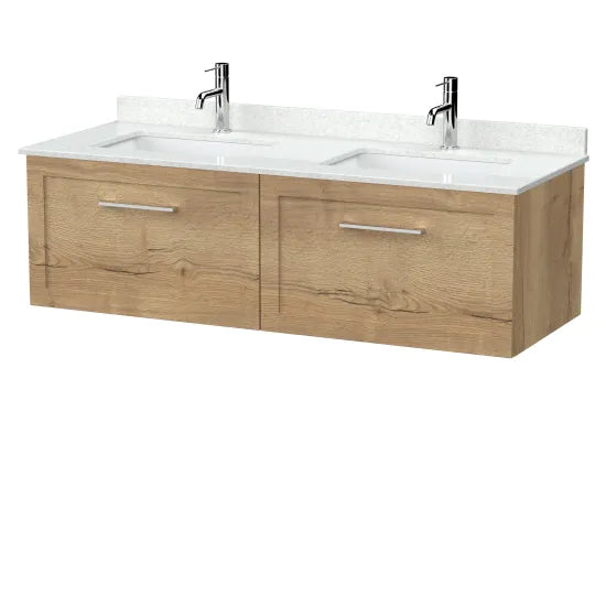 nuie lux Larck 1200mm Autumn Oak 2 Drawer Wall Hung Vanity With Twin Marble Basin