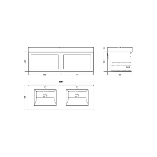 nuie lux Larck 1200mm Autumn Oak 2 Drawer Wall Hung Vanity With Twin Marble Basin