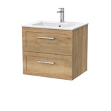 nuie lux Larck 600mm Autumn Oak 2 Drawer Wall Hung Vanity Unit With 1 Tap Hole Square Basin With Worktop