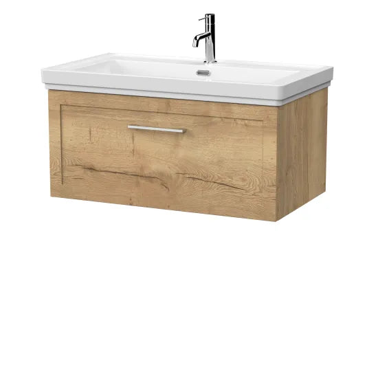 nuie lux Larck 800mm Autumn Oak 1 Drawer Wall Hung Vanity Unit With 1 Tap Hole Fireclay Basin With Ceramic Basin