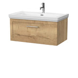 nuie lux Larck 800mm Autumn Oak 1 Drawer Wall Hung Vanity Unit With 1 Tap Hole Fireclay Basin With Ceramic Basin