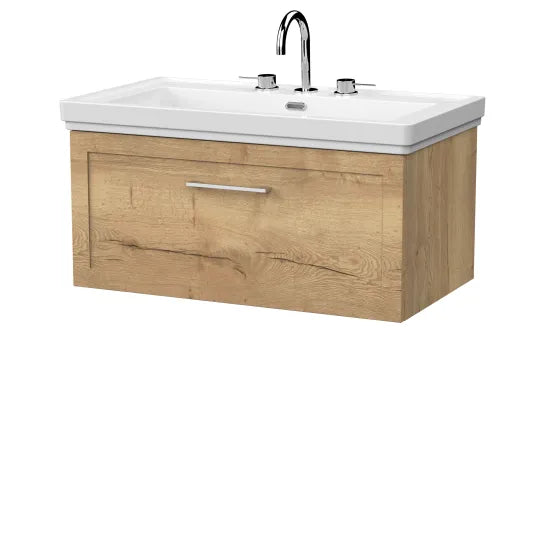 nuie lux Larck Autumn Oak 1 Drawer Wall Hung Vanity Unit With 3 Tap Holes Fireclay Basin