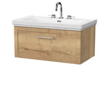 nuie lux Larck Autumn Oak 1 Drawer Wall Hung Vanity Unit With 3 Tap Holes Fireclay Basin