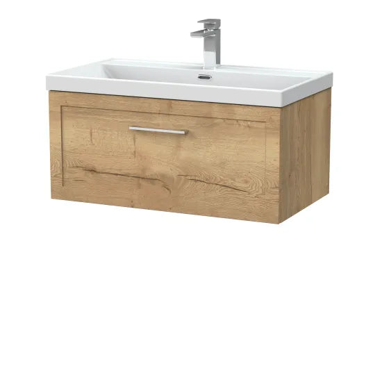 nuie lux Larck 800mm Autumn Oak 1 Drawer Wall Hung Vanity Unit With 1 Tap Hole Basin