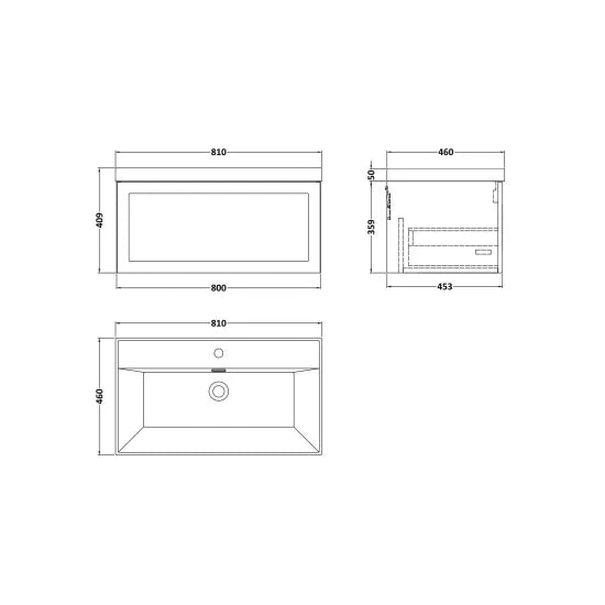 nuie lux Larck 800mm Autumn Oak 1 Drawer Wall Hung Vanity Unit With 1 Tap Hole Basin