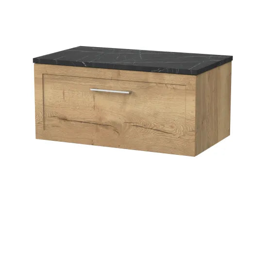 nuie lux Larck Autumn Oak 1 Drawer Wall Hung Vanity Unit With Black Pietra Marble Laminate Worktop