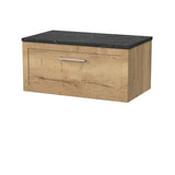 nuie lux Larck Autumn Oak 1 Drawer Wall Hung Vanity Unit With Black Pietra Marble Laminate Worktop