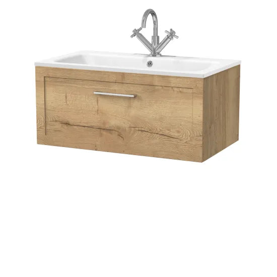 nuie lux Larck Autumn Oak 800mm Wall Hung 1-Drawer Unit & Stone Basin 1TH