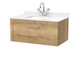 nuie lux Larck Autumn Oak 1 Drawer Wall Hung Vanity Unit With 1 Tap Hole Marble Worktop