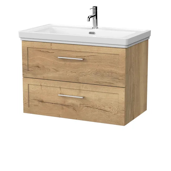 nuie lux Larck 800mm Autumn Oak 2 Drawer Wall Hung Vanity Unit With 1 Tap Hole Fireclay Basin With Ceramic Basin