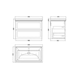 nuie lux Larck 800mm Autumn Oak 2 Drawer Wall Hung Vanity Unit With 1 Tap Hole Fireclay Basin With Ceramic Basin