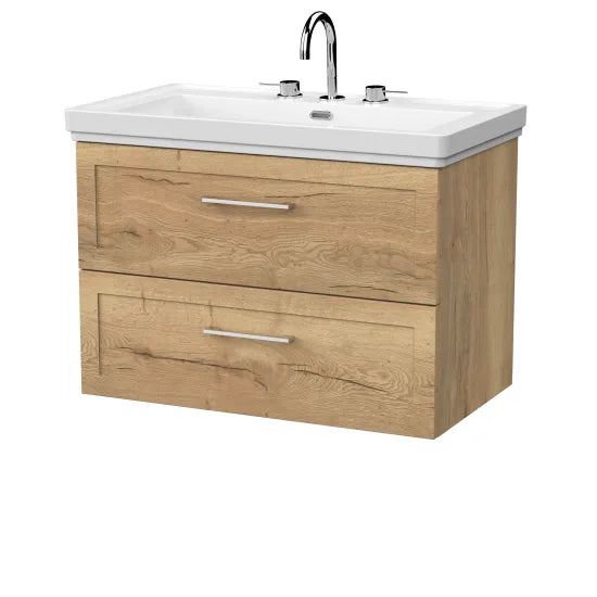 nuie lux Larck 800mm Autumn Oak 2 Drawer Wall Hung Vanity Unit With 3 Tap Holes Fireclay Basin