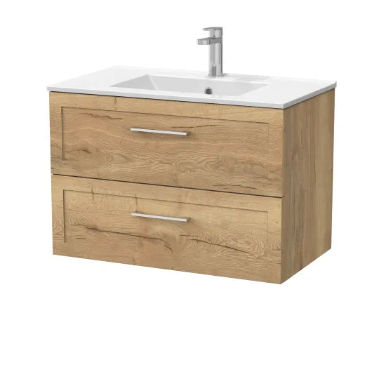 nuie lux Larck 800mm Autumn Oak 2 Drawer Wall Hung Vanity Unit With 1 Tap Hole Basin With Worktop