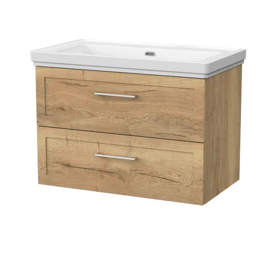 nuie lux Larck 800mm Autumn Oak 2 Drawer Wall Hung Vanity Unit With Fireclay Basin