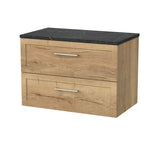 nuie lux Larck 800mm Autumn Oak 2 Drawer Wall Hung Vanity Unit With Black Pietra Marble Laminate Worktop