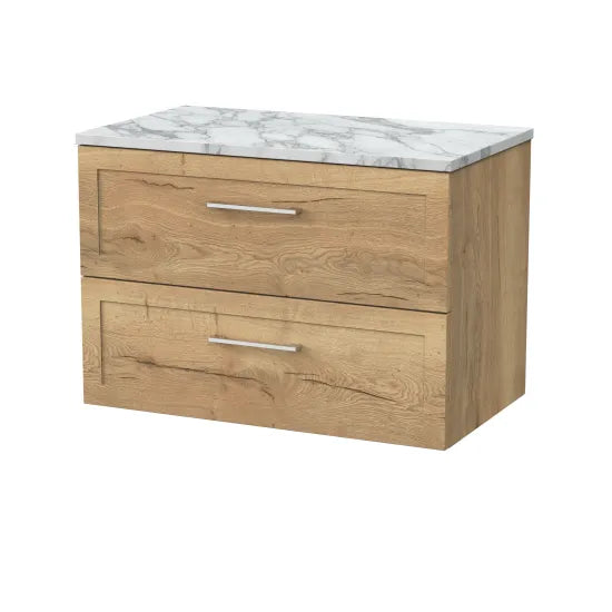 nuie lux Larck 800mm Autumn Oak 2 Drawer Wall Hung Vanity Unit With Carrara Laminate Worktop