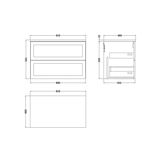 nuie lux Larck 800mm Autumn Oak 2 Drawer Wall Hung Vanity Unit With Carrara Laminate Worktop