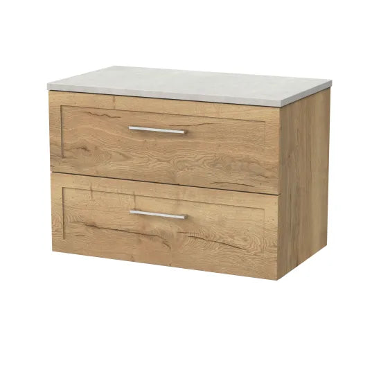 nuie lux Larck 800mm Autumn Oak 2 Drawer Wall Hung Vanity Unit With Slate Grey Worktop
