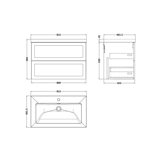 nuie lux Larck 800mm Autumn Oak 2 Drawer Wall Hung Vanity Unit With 1 Tap Hole Fireclay Basin