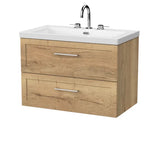 nuie lux Larck 800mm Autumn Oak 2 Drawer Wall Hung Vanity Unit With 3 Tap Holes Fireclay Basin