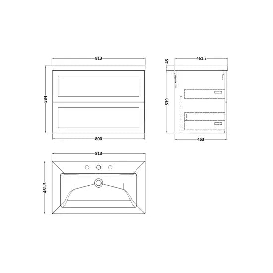 nuie lux Larck 800mm Autumn Oak 2 Drawer Wall Hung Vanity Unit With 3 Tap Holes Fireclay Basin