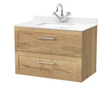 nuie lux Larck 800mm Autumn Oak 2 Drawer Wall Hung Vanity Unit With 1 Tap Hole Marble Worktop