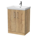 nuie lux Kivo 600mm Autumn Oak 2 Door Floor Standing Vanity Unit With 1 Tap Hole Fireclay Basin