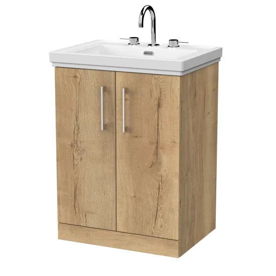 nuie lux Kivo 600mm Autumn Oak 2 Door Floor Standing Vanity Unit With 3 Tap Holes Fireclay Basin