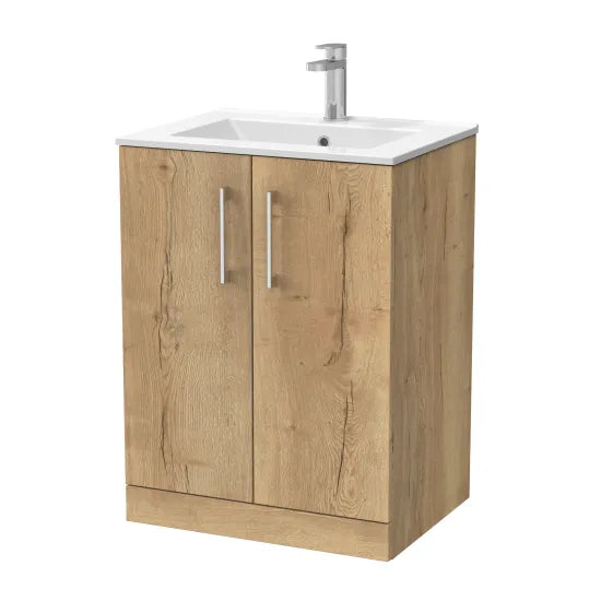 nuie lux Kivo 600mm Autumn Oak 2 Door Floor Standing Vanity Unit With 1 Tap Hole Square Basin With Worktop